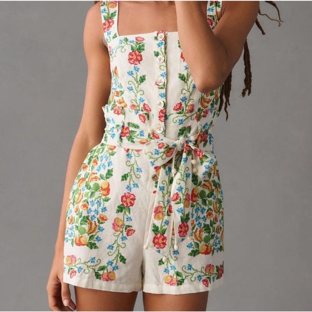 Farm Rio Floral Romance Linen Romper Size XS